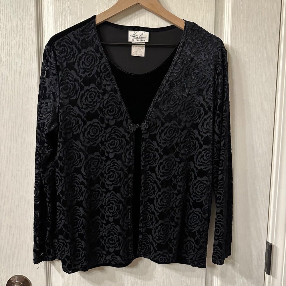 Kathie Lee | VTG 90s Black Floral Velvet Shirt Cardigan Goth Witchy Medium M